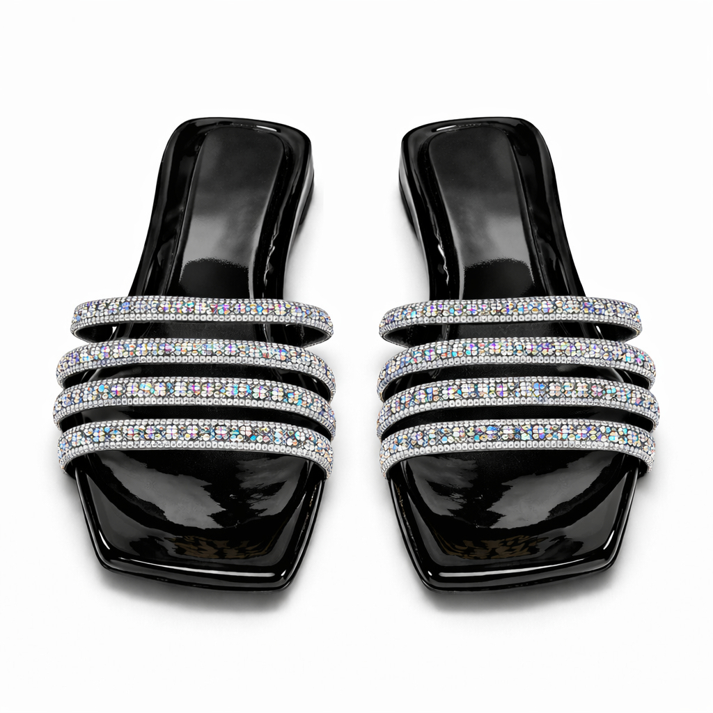 Premium Women Black Slip On Sandals with Rhinestone Straps
